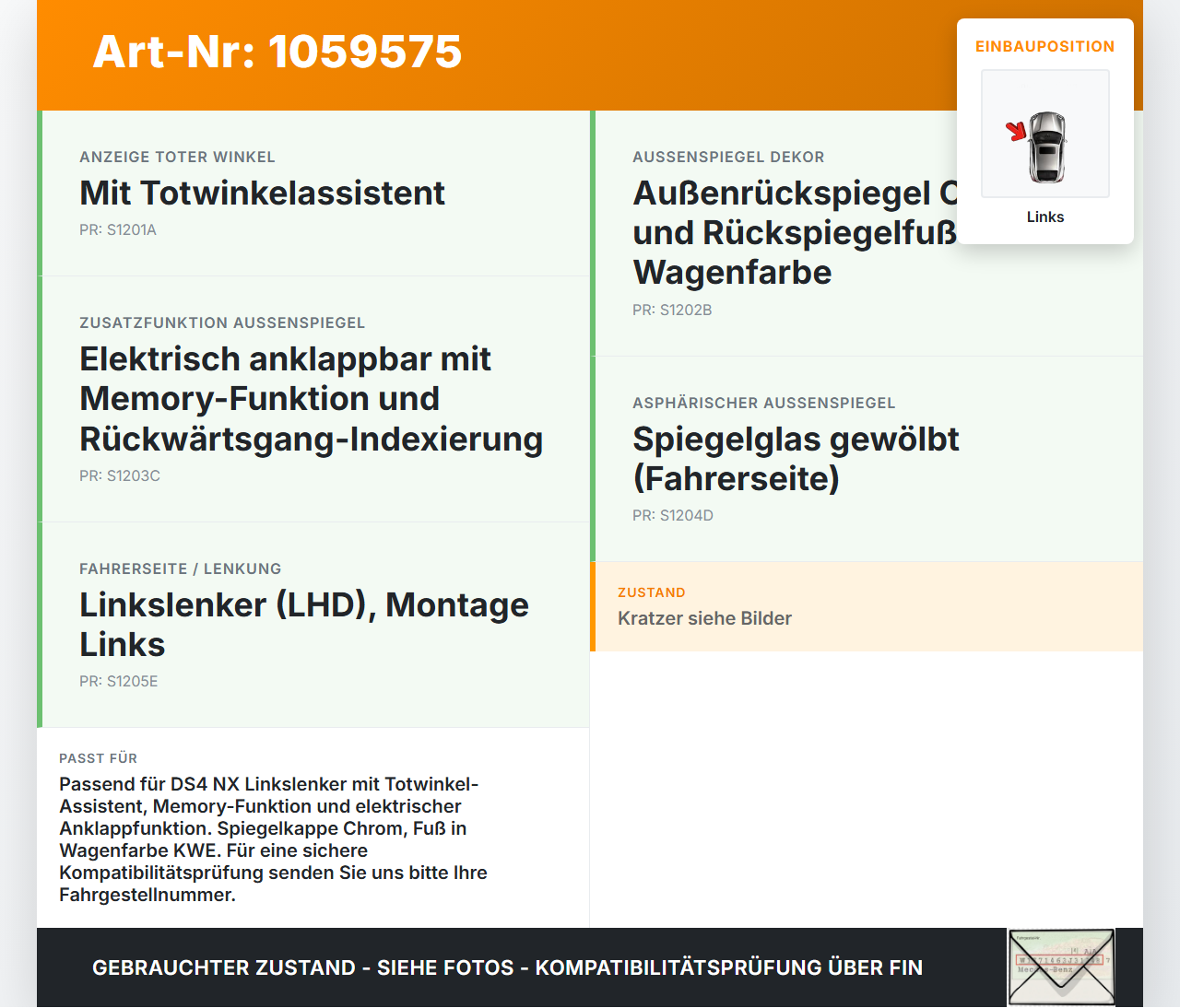 Citroen DS4 NX 11-15 Spiegel Aussenspiegel Links Chrom Totwinkelassistent Citroen DS4 NX 11-15 20.05.2011... Vorschau 3