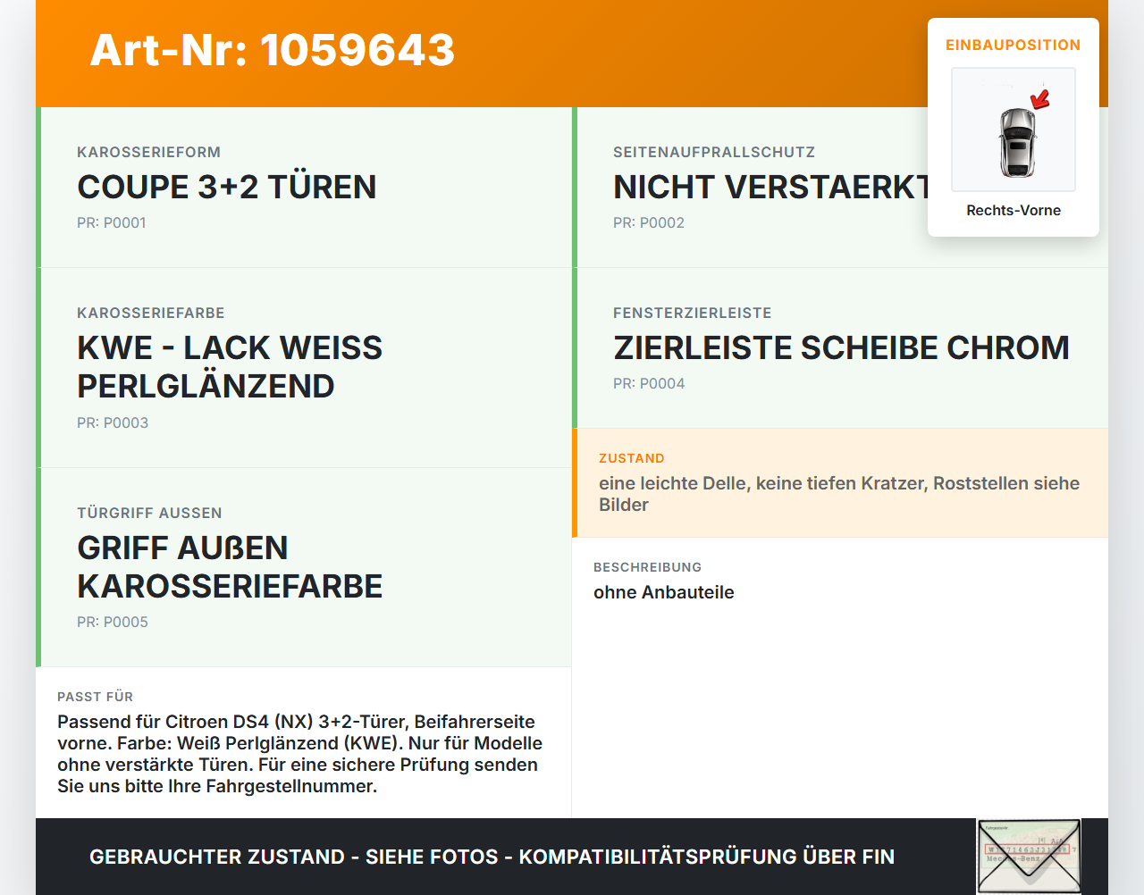 Citroen DS4 NX 11-15 Tür Rechts Vorne  KWE Citroen DS4 NX 11-15 20.05.2011 9004EA gebraucht Vorschau 3