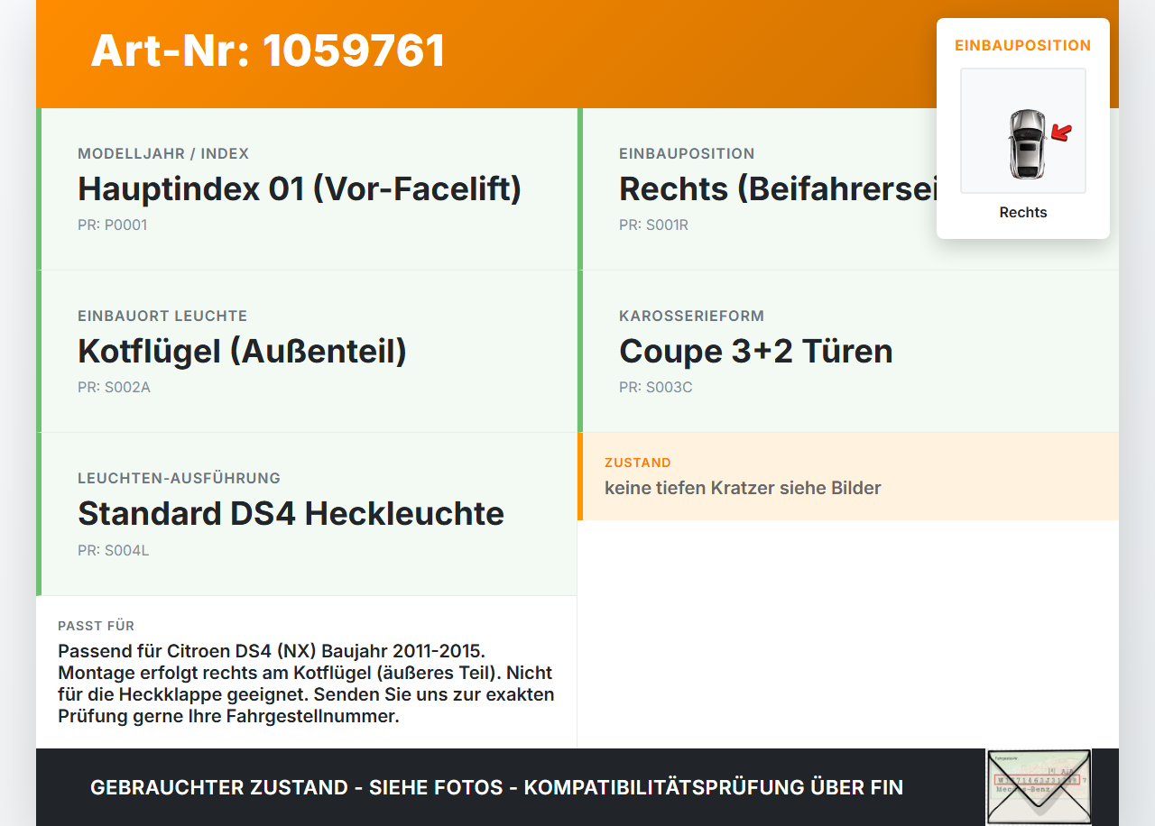 Citroen DS4 NX 11-15 Rückleuchte Rücklicht Heckleuchte Rechts orig Citroen DS4 NX 11-15 20.05.2011 6351KT gebraucht Vorschau 3
