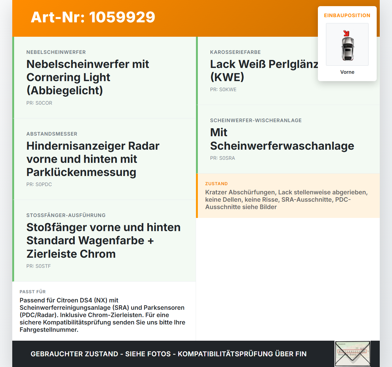 Citroen DS4 NX 11-15 Stoßstange Stoßfänger Frontschürze Vorne KWE Citroen DS4 NX 11-15 20.05.2011 7401VZ gebraucht Vorschau 3