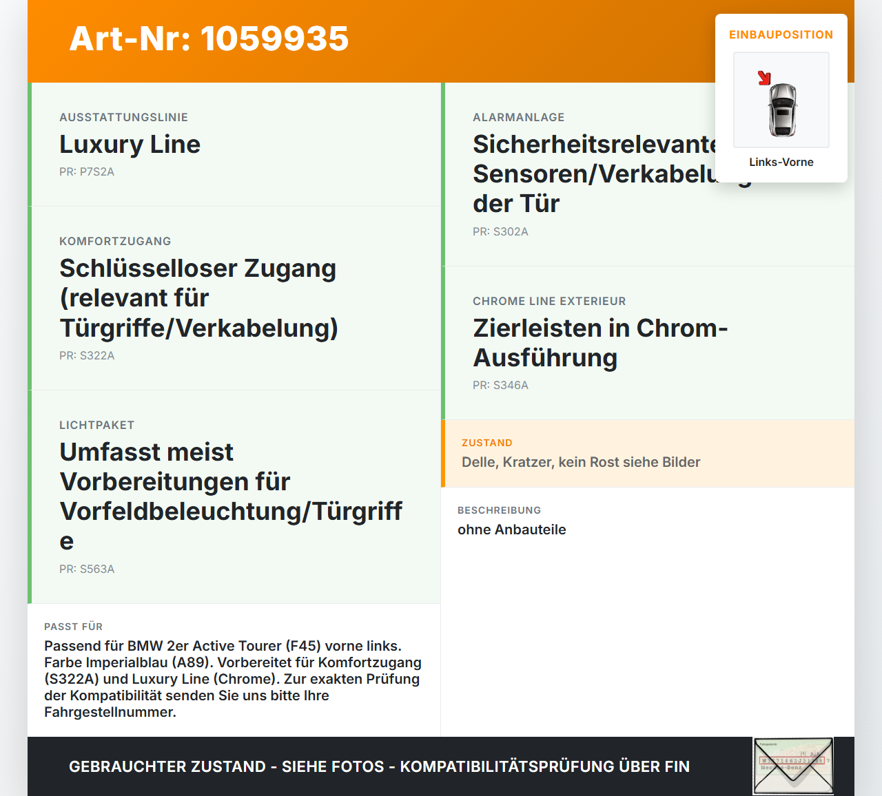 BMW 218i F45 14-18 Tür Fahrertür Links Vorne  A89 BMW 218i F45 14-18 17.07.2017 gebraucht Vorschau 3