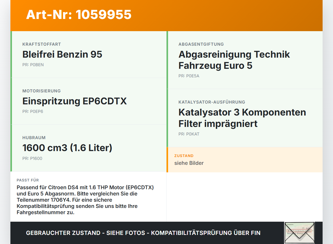 Citroen DS4 NX 11-15 1,6 115KW Katalysator Kat Vorkat Citroen DS4 NX 11-15 20.05.2011 759315380 1706Y4 gebraucht Vorschau 3