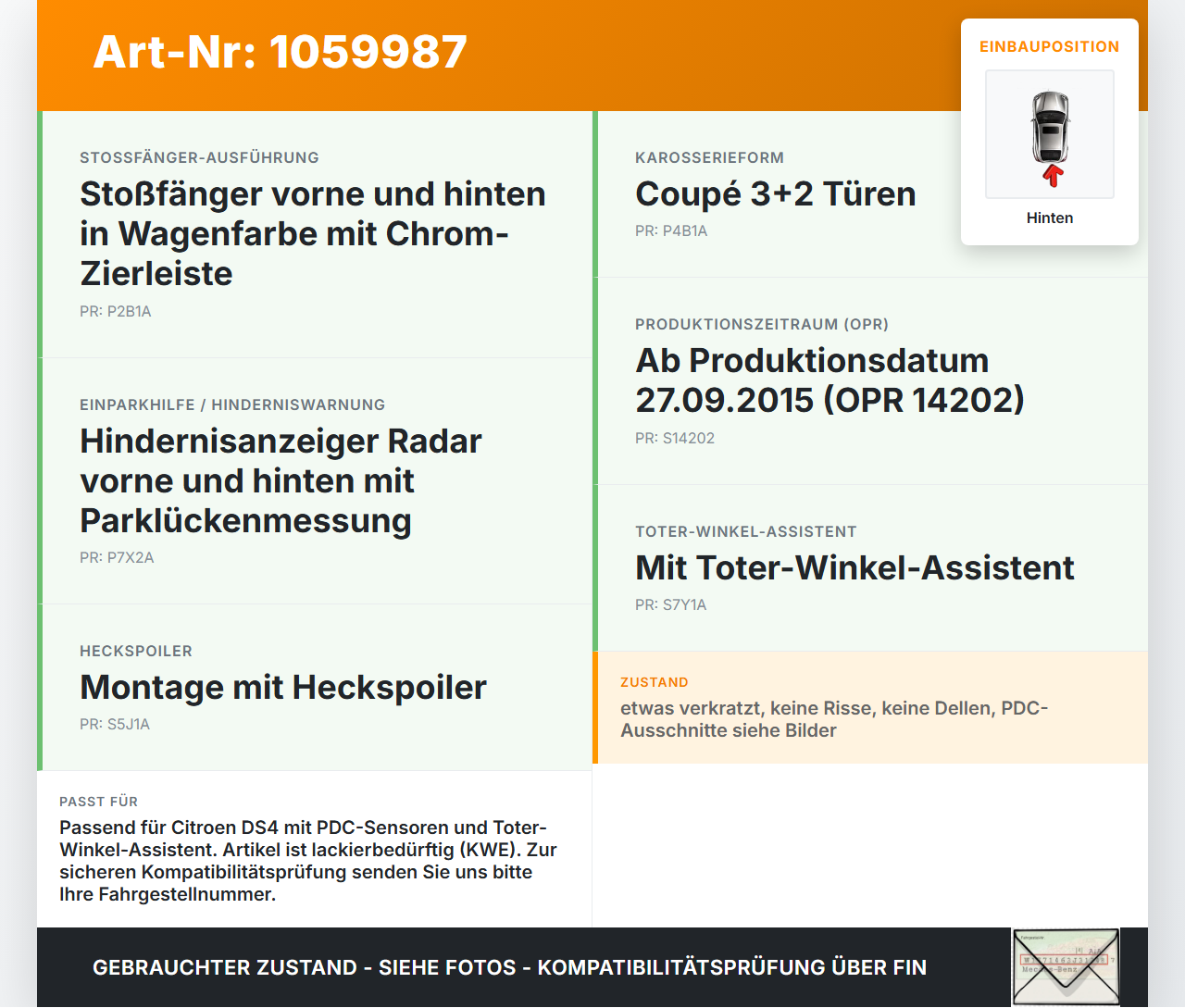 Citroen DS4 NX 11-15 Stoßstange Heckstoßstange Hinten KWE Citroen DS4 NX 11-15 20.05.2011 7410NV gebraucht Vorschau 3