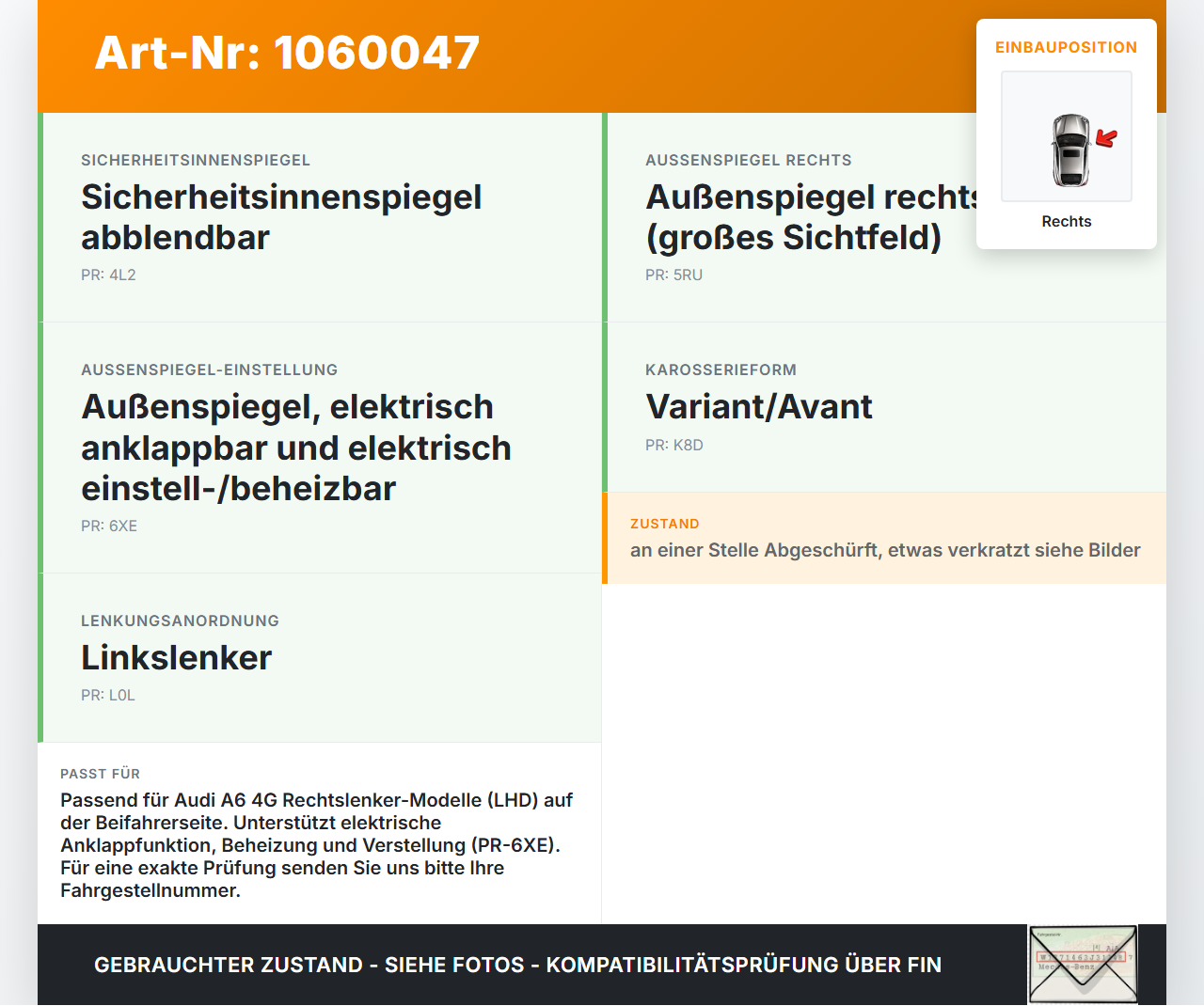 Audi A6 4G 11-14 Spiegel Aussenspiegel Rechts LX5R Audi A6 4G 11-14 11.04.2012 4G1857410AA 4G1857410AA01C gebraucht Vorschau 3