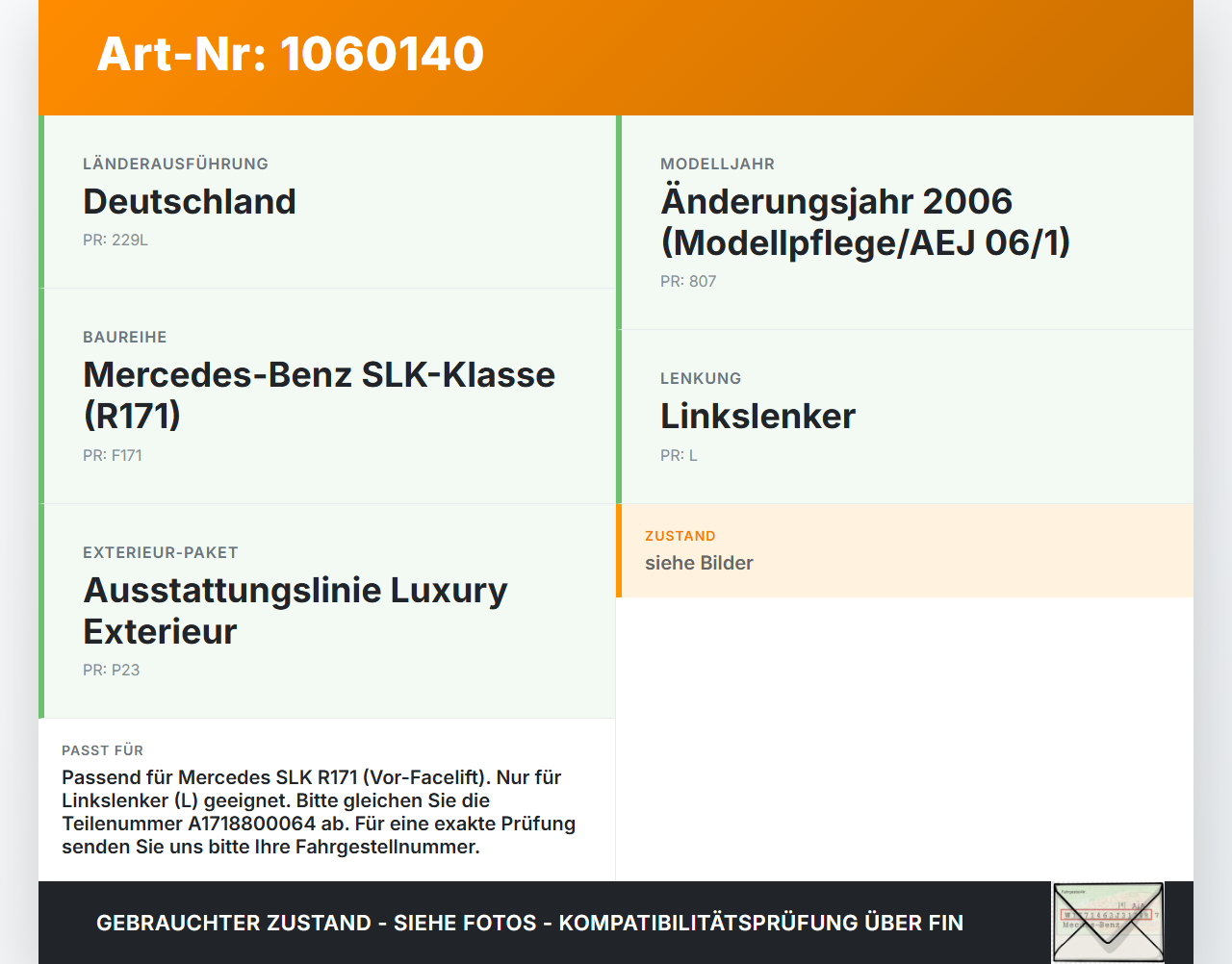 Mercedes SLK R171 04-08 Haubenschloss Motorhaubenschloss Schloss Mercedes SLK R171 04-08 23.11.2006 A1718800064... Vorschau 3