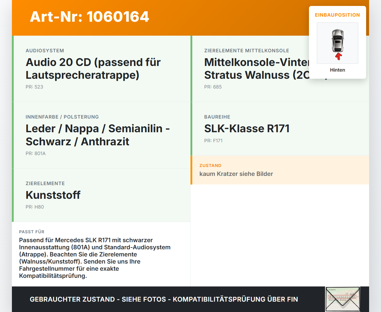 Mercedes SLK R171 04-08 1,8 120KW Blende für Mittelkonsole und Lautsprecheratrappe Mitte Hinten Mercedes SLK R171... Vorschau 3