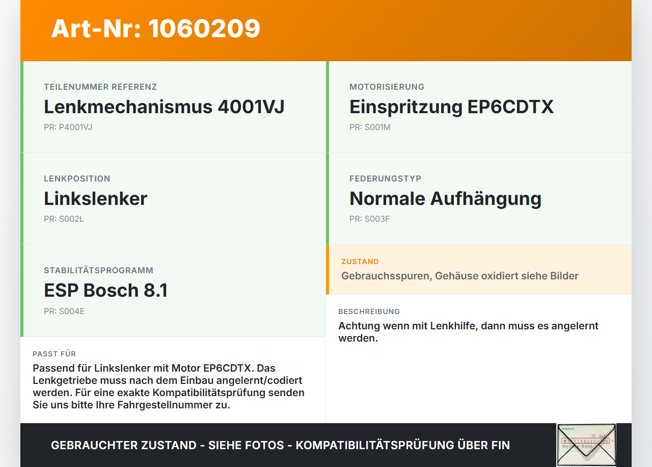 Citroen DS4 NX 11-15 Lenkgetriebe Servolenkung Citroen DS4 NX 11-15 20.05.2011 4001VJ gebraucht Vorschau 3