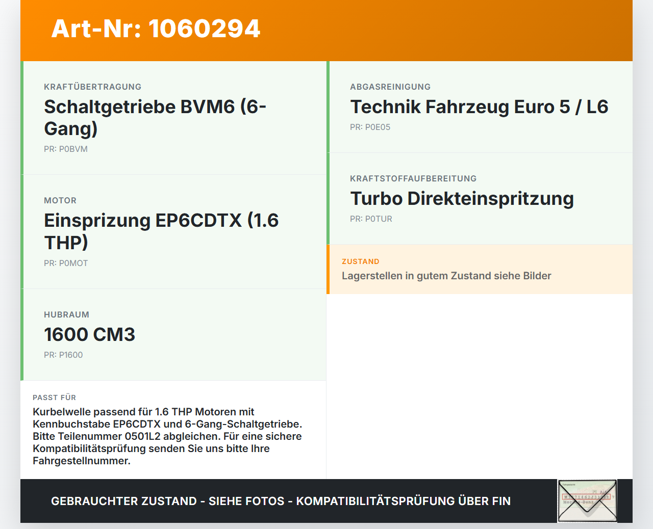 Citroen DS4 NX 11-15 1,6 115KW EP6CDTX Kurbelwelle Citroen DS4 NX 11-15 20.05.2011 0501L2 gebraucht Vorschau 3