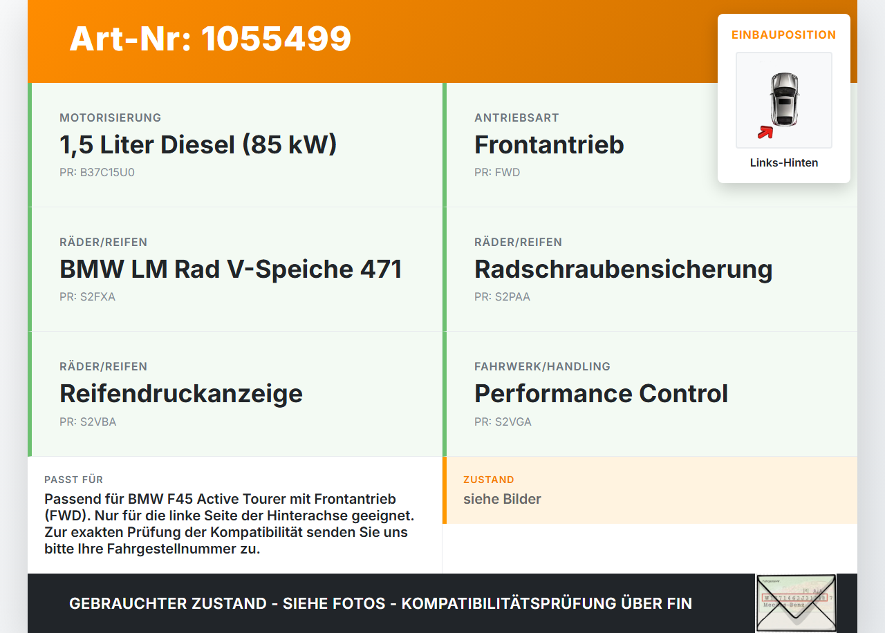 BMW F45 14-18  1,5 85KW Achsschenkel Radnabe Links Hinten BMW F45 14-18 22.11.2017 gebraucht Vorschau 3