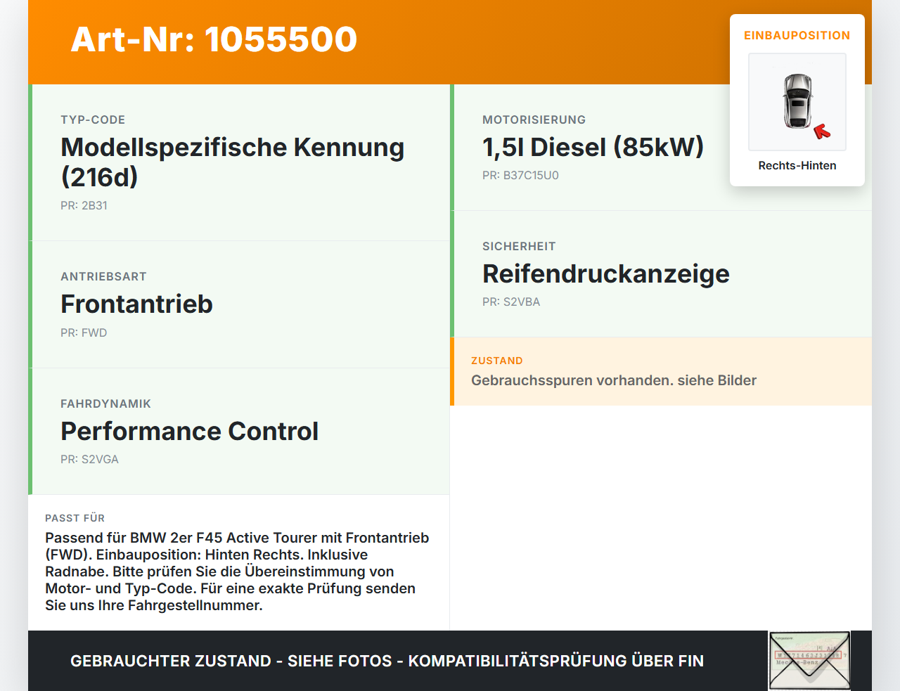BMW F45 14-18  1,5 85KW Achsschenkel Radnabe Rechts Hinten BMW F45 14-18 22.11.2017 gebraucht Vorschau 3