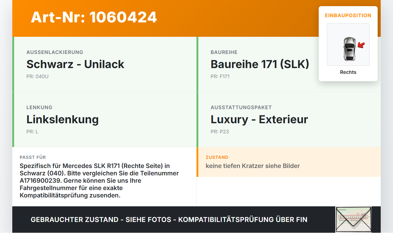 Mercedes SLK R171 04-08 Zierleiste Dachleiste Dach Rechts Mercedes SLK R171 04-08 23.11.2006 A1716900239 gebraucht Vorschau 3