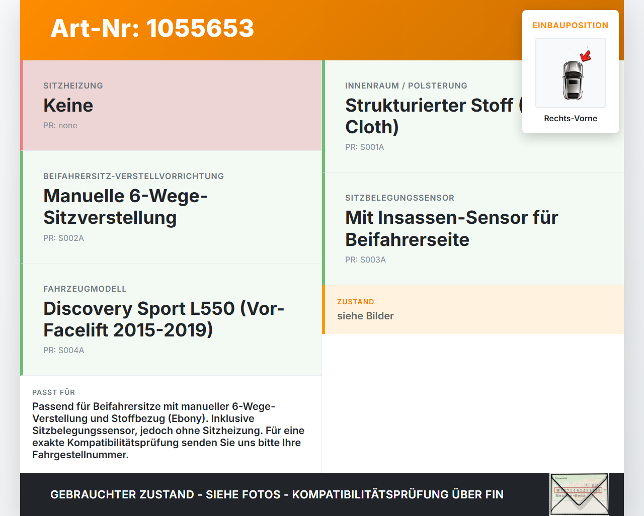 Discovery Sport L550 15-19 Sitzpolster für Beifahrersitz Rechts Vorne Discovery Sport L550 15-19 12.03.2015 gebraucht Vorschau 3