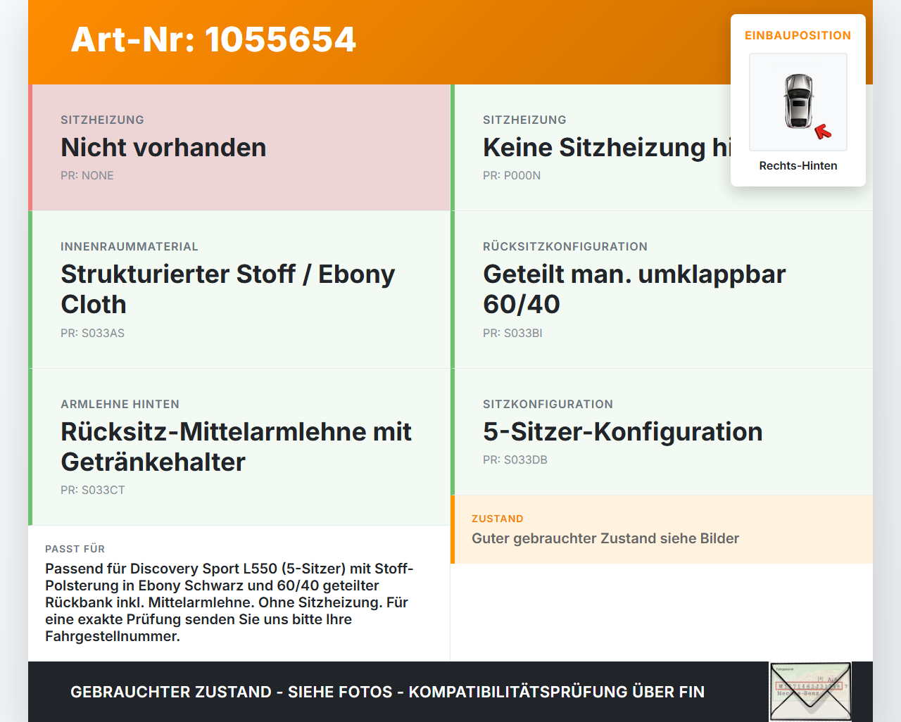 Discovery Sport L550 15-19 Sitzbezug Sitzpolster Rechts für Rücksitzbank Hinten Discovery Sport L550 15-19... Vorschau 3