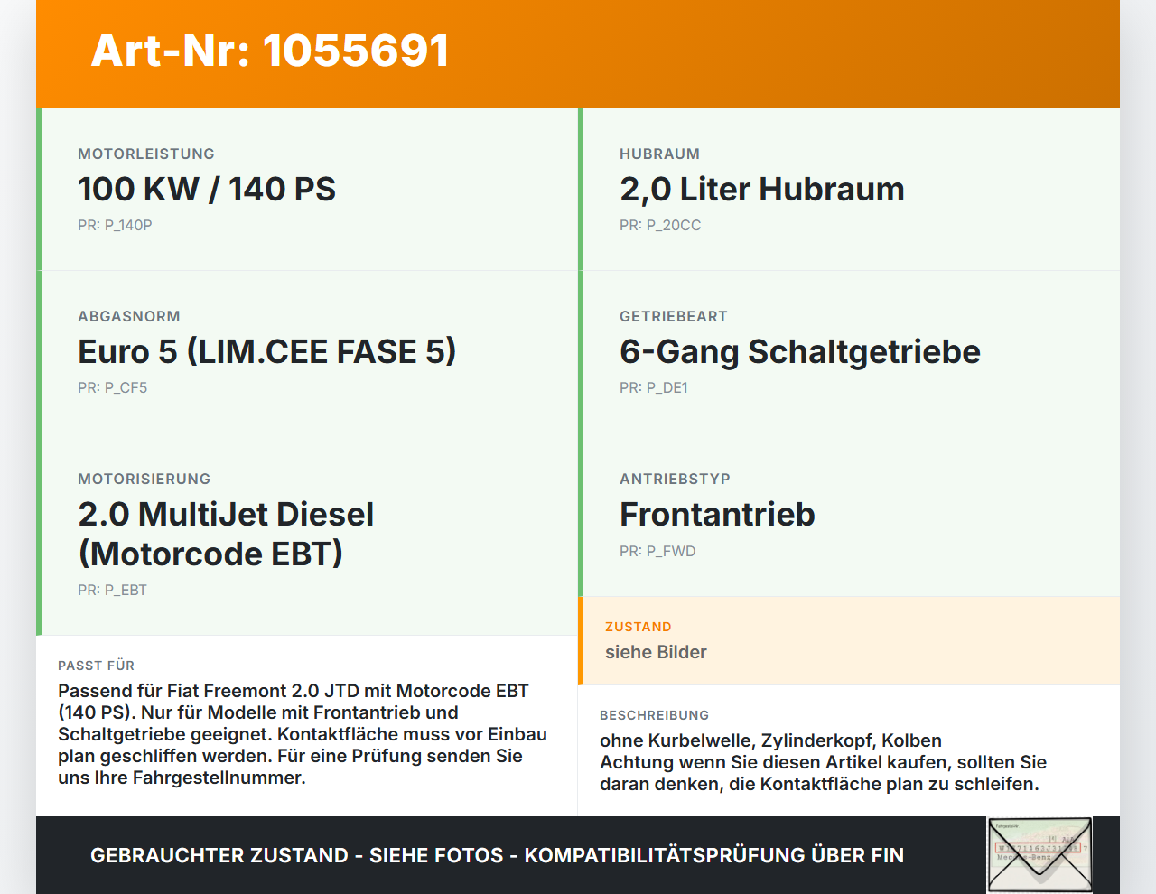 Fiat Freemont 11-16 JTD 2,0 100KW EBT Motorblock für Motor Fiat Freemont 11-16 17.02.2011 gebraucht Vorschau 3