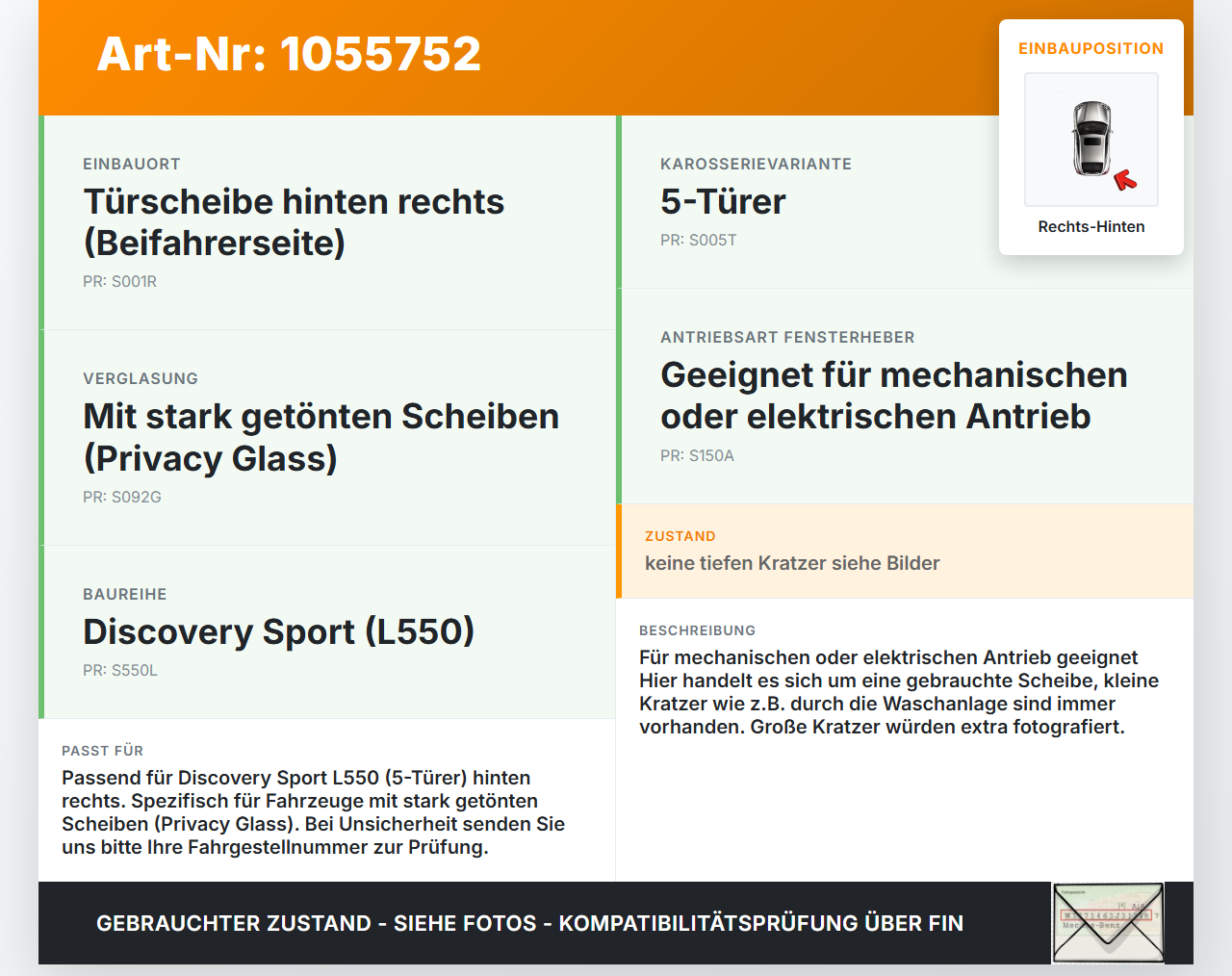 Discovery Sport L550 15-19 Seitenscheibe RHK Türscheibe Rechts Hinten Orig. getönt Discovery Sport L550 15-19... Vorschau 3