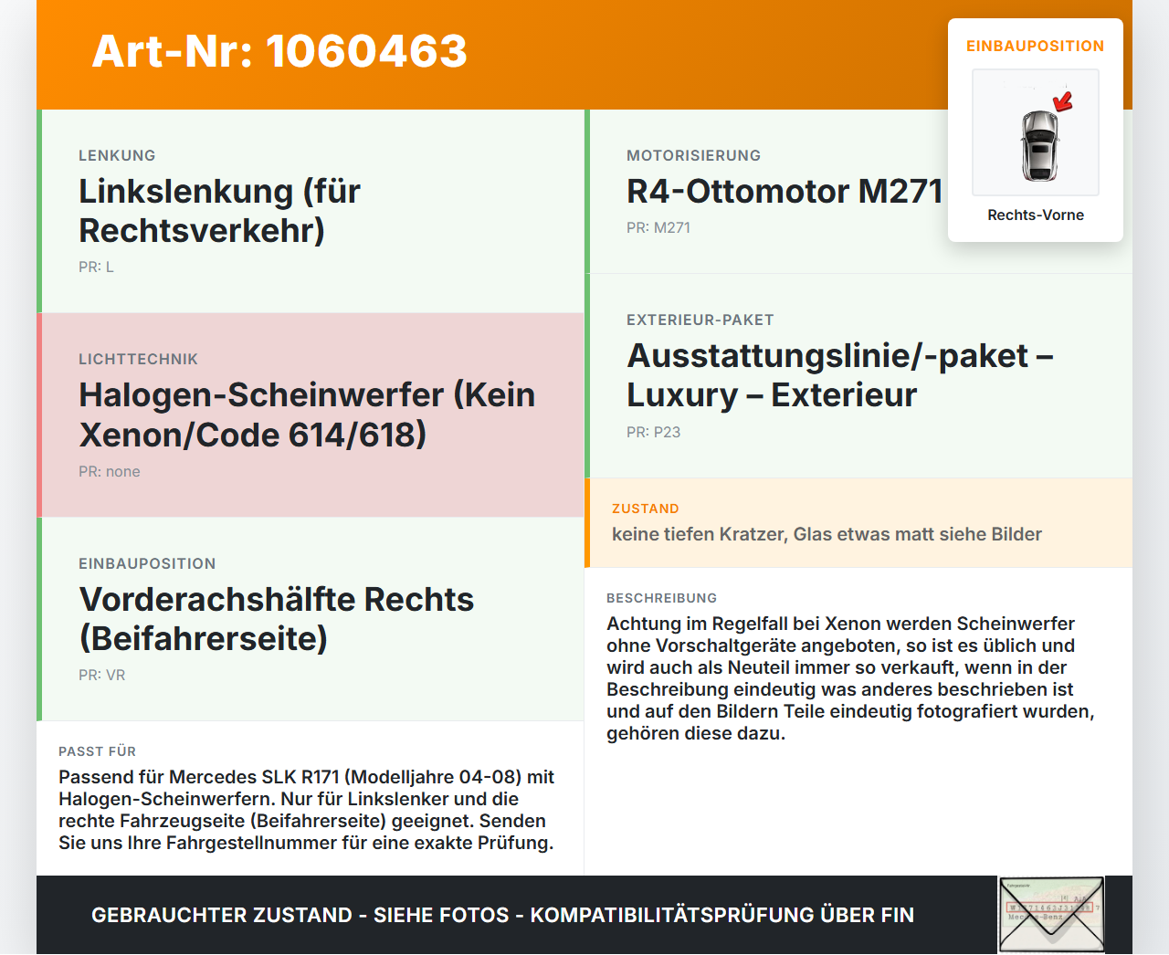 Mercedes SLK R171 04-08 Scheinwerfer Frontscheinwerfer Halogen Rechts Vorne Mercedes SLK R171 04-08 23.11.2006... Vorschau 3