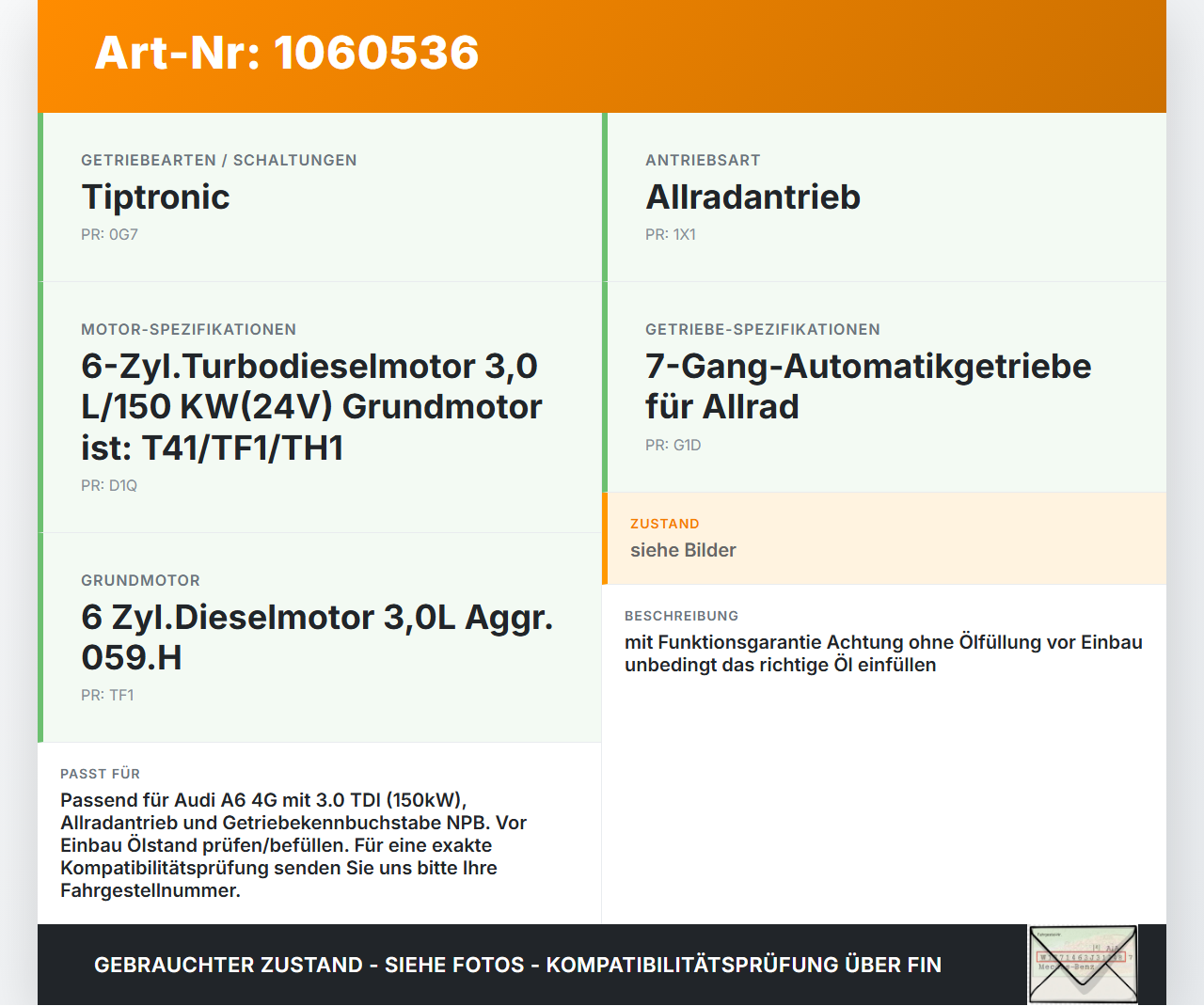 Audi A6 4G 11-14 3,0 150KW 4WD NPB Automatikgetriebe S-tronic 7-Gang Audi A6 4G 11-14 11.04.2012 0B5323259G gebraucht Vorschau 3