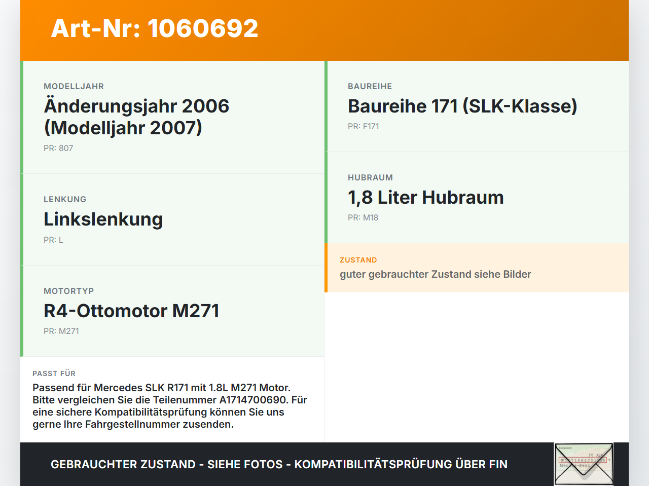 Mercedes SLK R171 04-08 1,8 120KW Kraftstofffiltereinheit Mercedes SLK R171 04-08 23.11.2006 A1714700690 gebraucht Vorschau 3