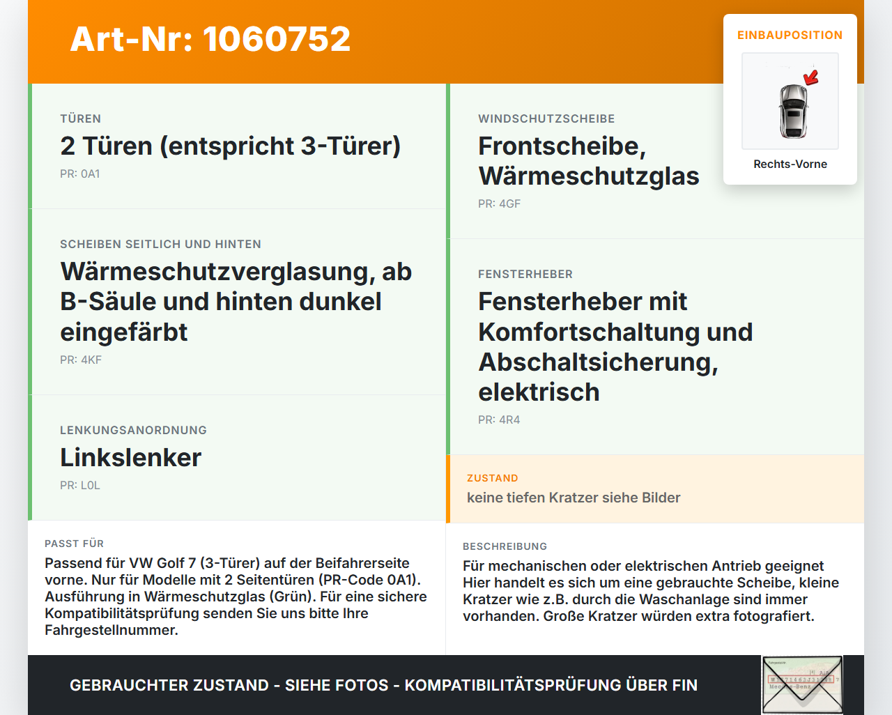 VW Golf 7 VII 5G 12-17 3T RVK Seitenscheibe für Tür Türscheibe Rechts Vorne VW Golf 7 VII 5G 12-17 22.11.2013... Vorschau 3