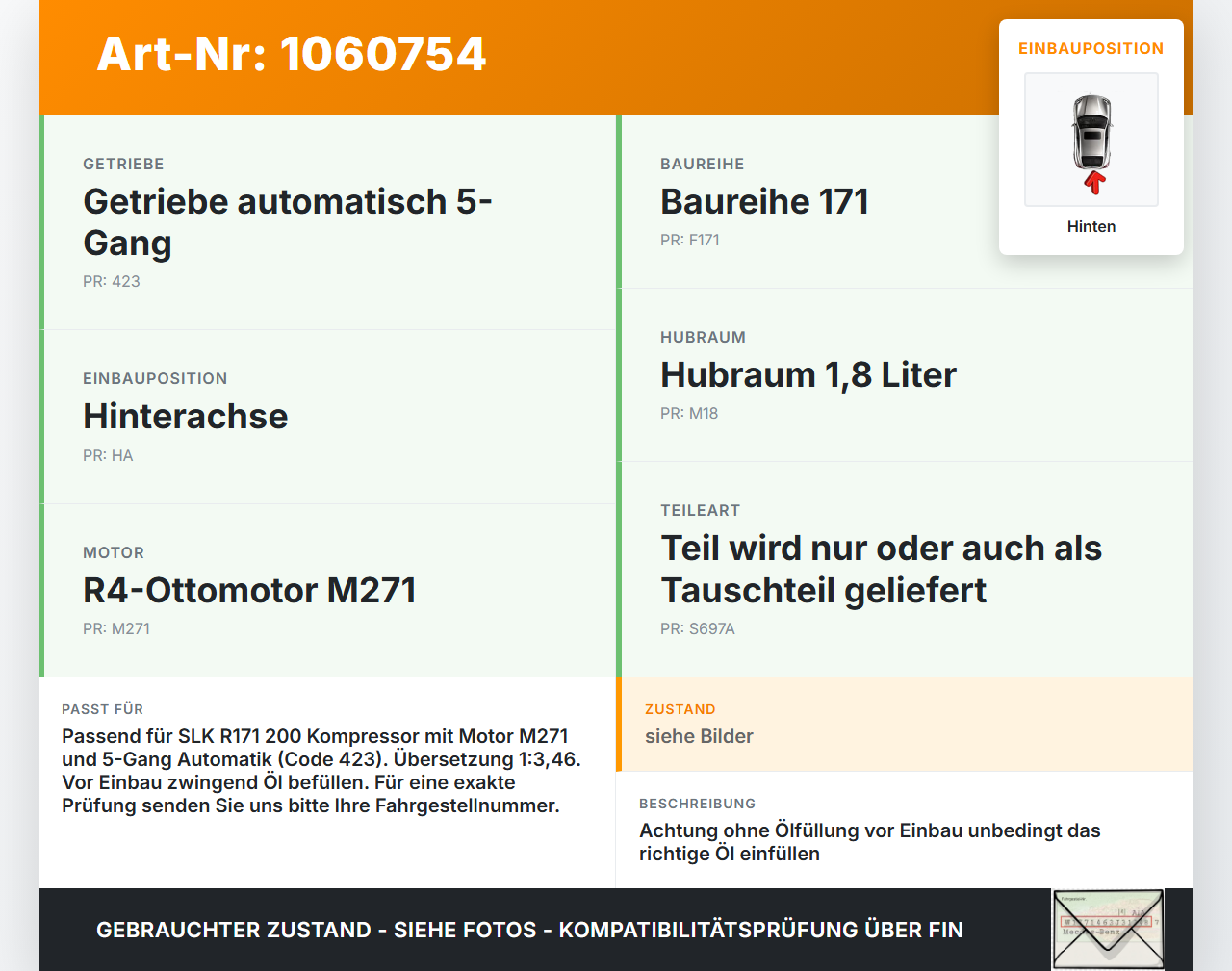 Mercedes SLK R171 04-08 1,8 Differential Hinterachsgetriebe Hinten 3,46 Mercedes SLK R171 04-08 23.11.2006... Vorschau 3