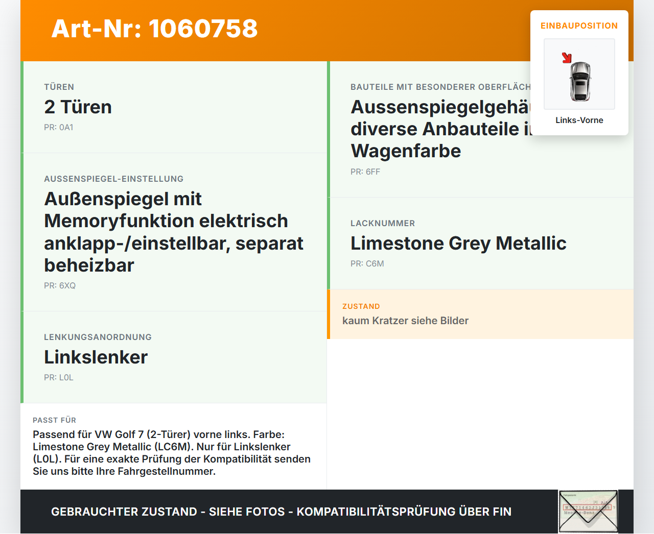 VW Golf 7 VII 5G 12-17 3T Türgriff Griff aussen Links Vorne LC6M VW Golf 7 VII 5G 12-17 22.11.2013 5N0837885H... Vorschau 3