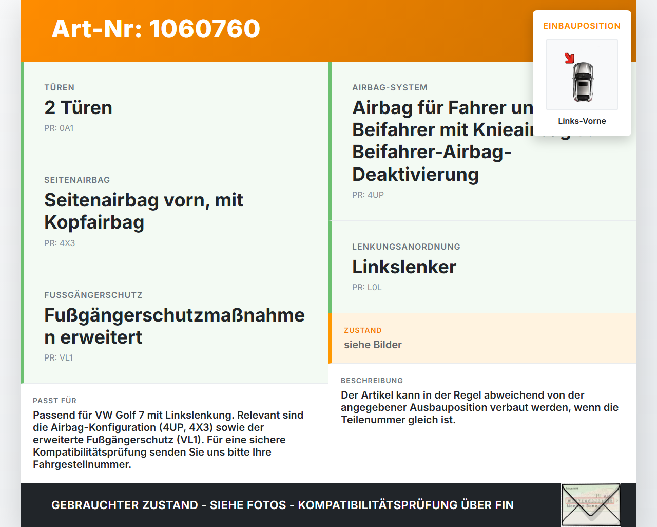 VW Golf 7 VII 5G 12-17 Sensor für Airbag Crashsensor Airbagsensor Links Vorne VW Golf 7 VII 5G 12-17 22.11.2013... Vorschau 3