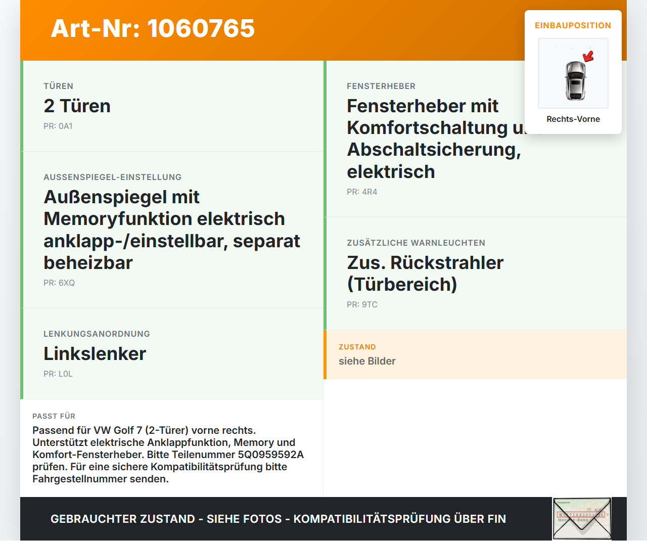 VW Golf 7 VII 5G 12-17 Steuergerät ECU Modul SG für Tür Rechts Vorne VW Golf 7 VII 5G 12-17 22.11.2013 5Q0959592A... Vorschau 3