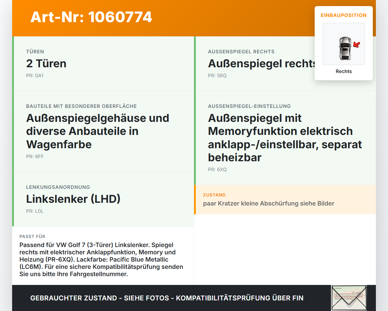 VW Golf 7 VII 5G 12-17 Spiegel Aussenspiegel Rechts LC6M VW Golf 7 VII 5G 12-17 22.11.2013 5G1857508CS... Vorschau 3