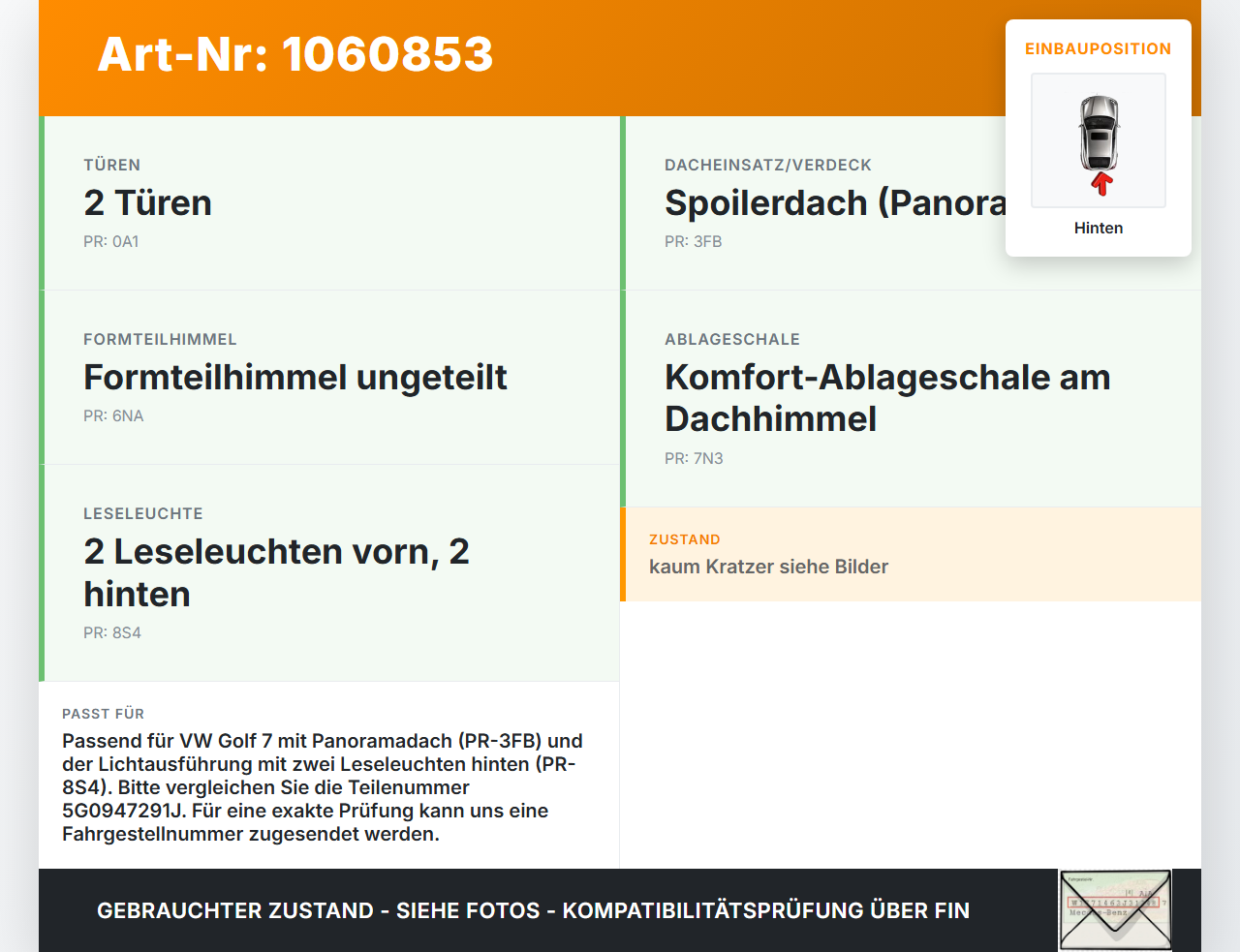 VW Golf 7 VII 5G 12-17 Innenleuchte Innenraumleuchte Hinten VW Golf 7 VII 5G 12-17 22.11.2013 5G0947291J gebraucht Vorschau 3
