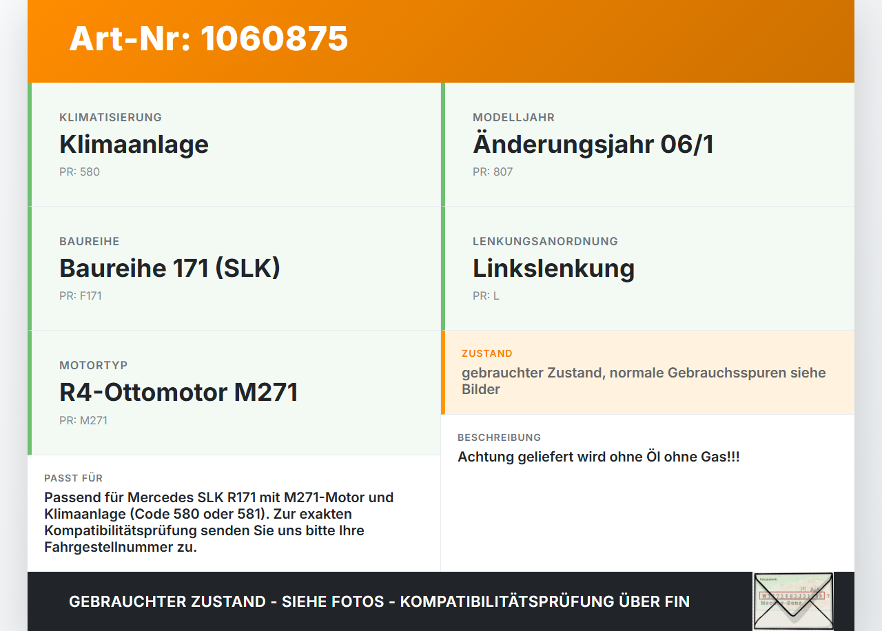 Mercedes SLK R171 04-08 1,8 120KW Klimakompressor Klima Kompressor Mercedes SLK R171 04-08 23.11.2006 A0002309311... Vorschau 3