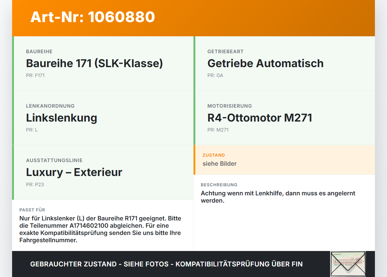 Mercedes SLK R171 04-08 Lenkgetriebe Servolenkung Mercedes SLK R171 04-08 23.11.2006 A1714602100 1714602100... Vorschau 3