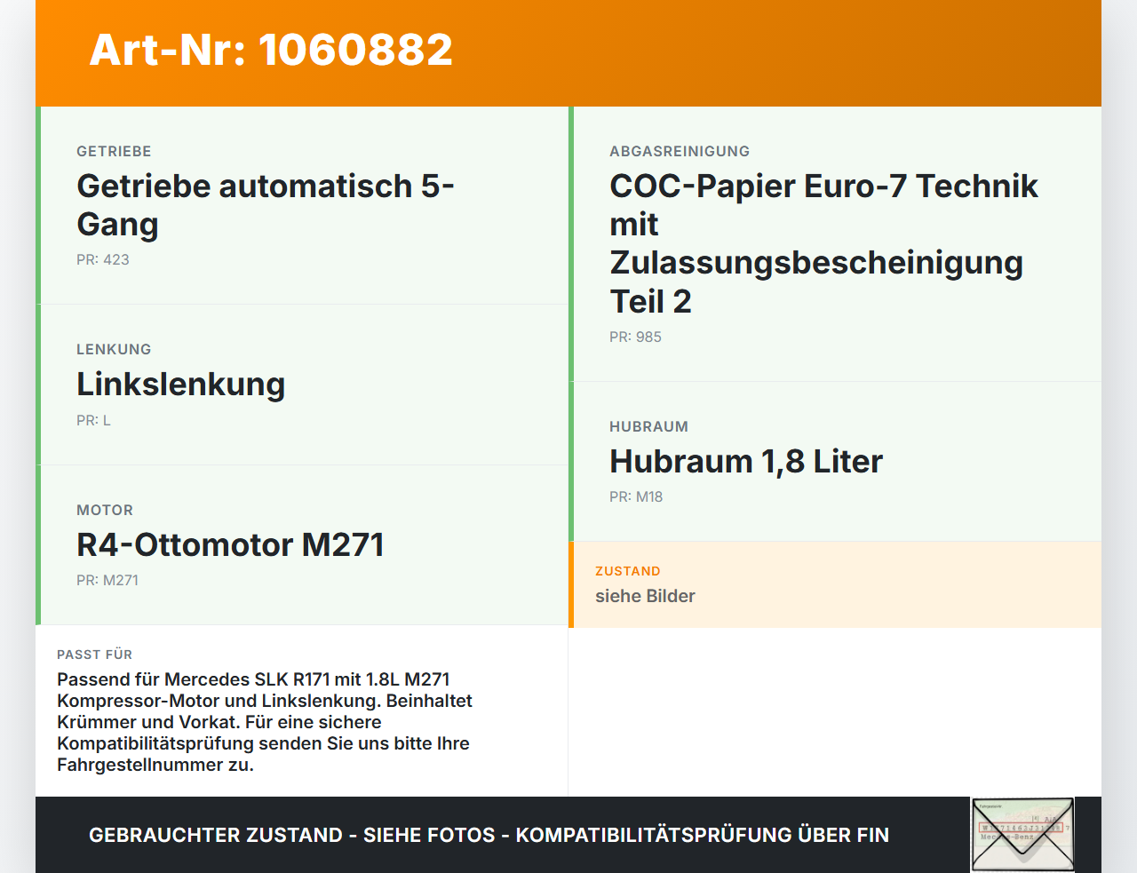 Mercedes SLK R171 04-08 1,8 120KW Katalysator Kat Vorkat mit Abgaskrümmer Mercedes SLK R171 04-08 23.11.2006... Vorschau 3
