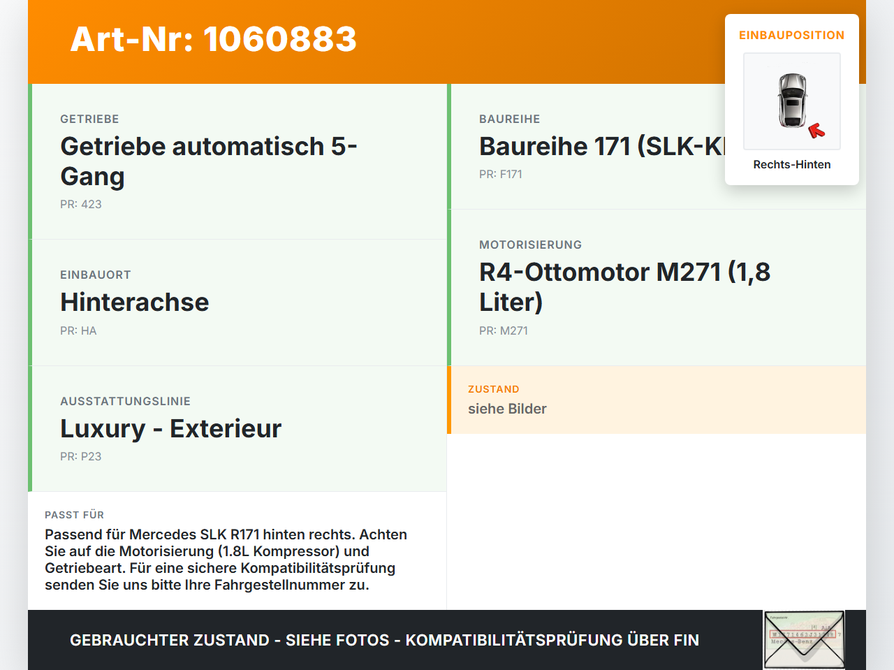 Mercedes SLK R171 04-08  1,8 120KW Achsschenkel Radnabe Rechts Hinten Mercedes SLK R171 04-08 23.11.2006... Vorschau 3