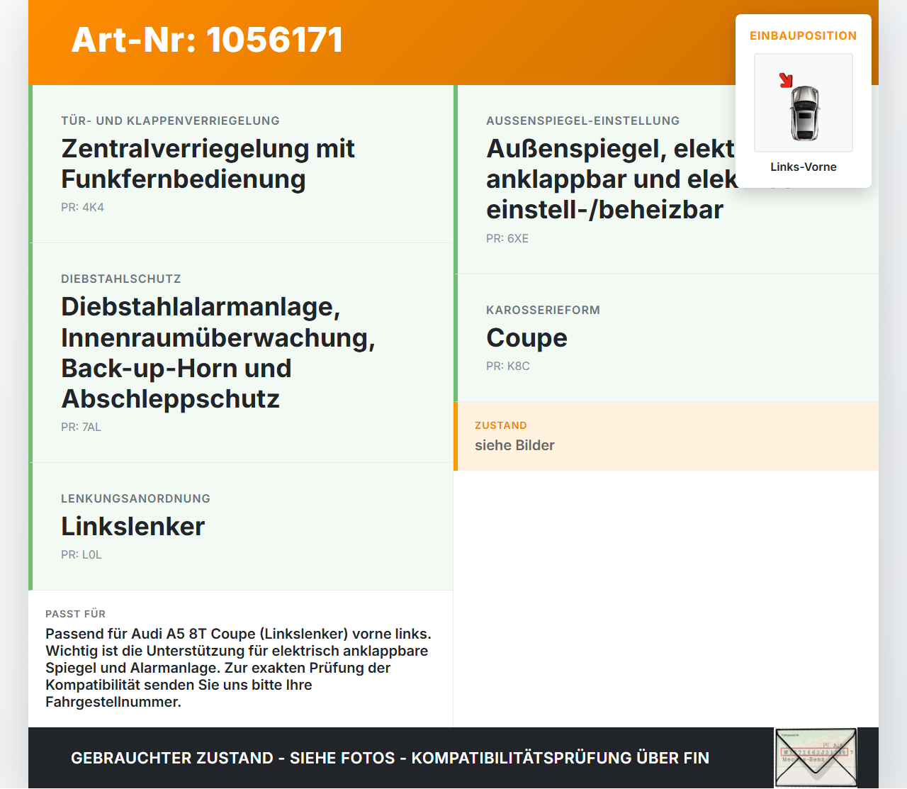 Audi A5 8T 07-12 Coupe Fensterhebermotor Links Vorne Audi A5 8T 07-12 04.12.2008 8T0959801A 1101-997009-300 gebraucht Vorschau 3