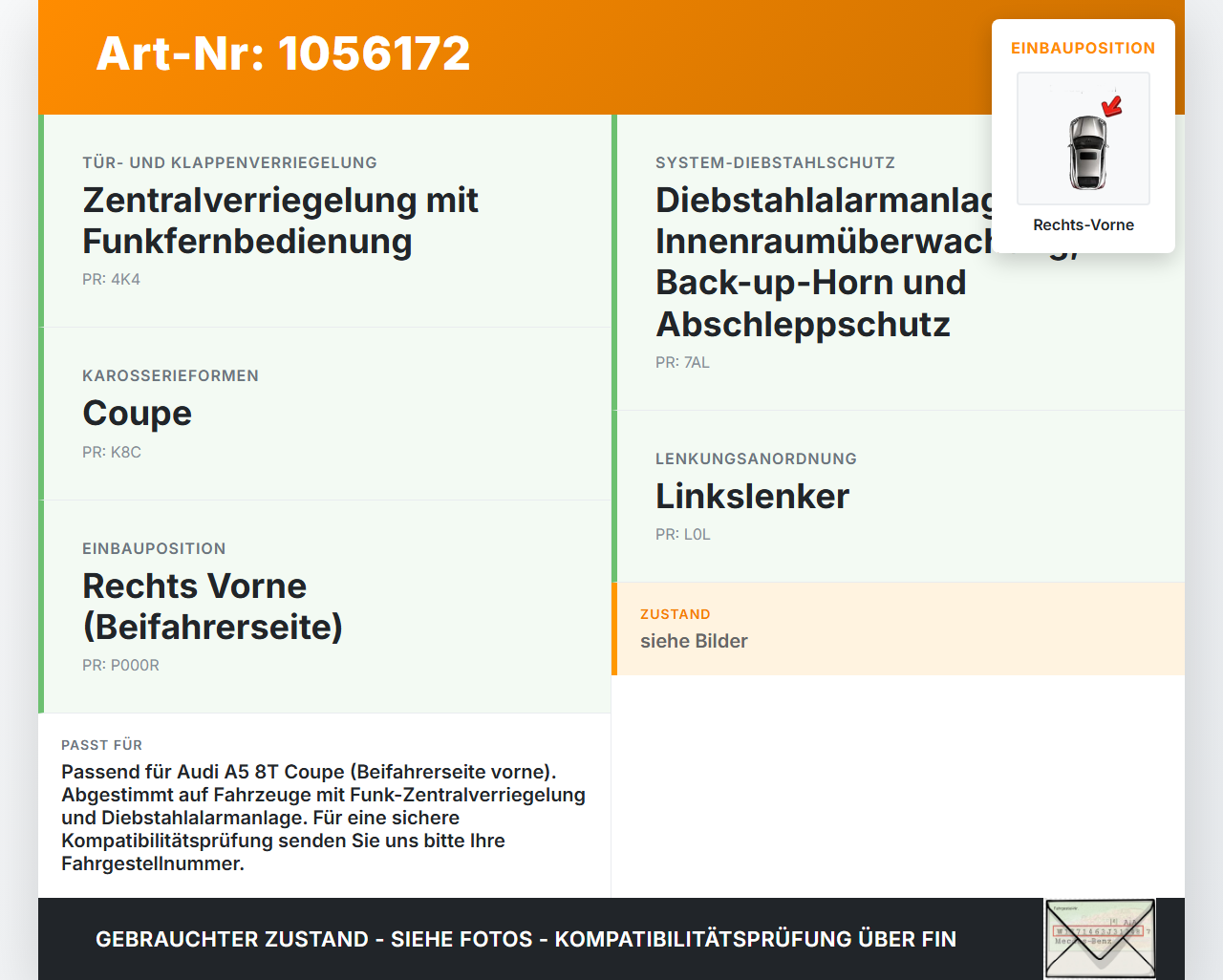 Audi A5 8T 07-12 Coupe Türschloss m. ZV Stellmotor MetzgerRechts Vorne Audi A5 8T 07-12 04.12.2008 8J1837016A... Vorschau 3