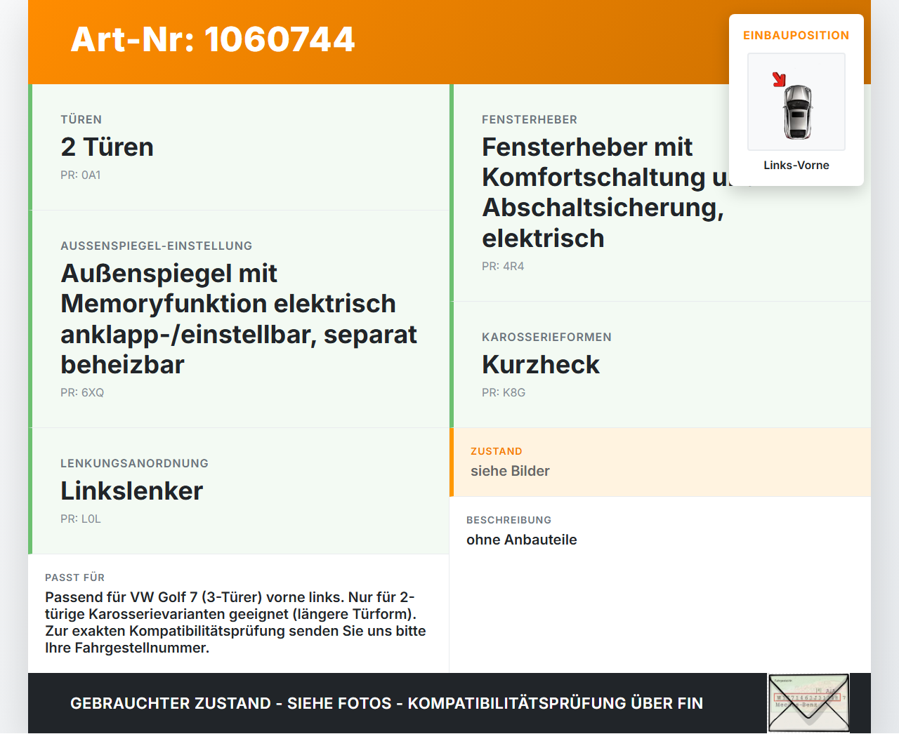 VW Golf 7 VII 5G 12-17 3T Tür Fahrertür Links Vorne LC6M VW Golf 7 VII 5G 12-17 22.11.2013 5G3831055AN gebraucht Vorschau 3