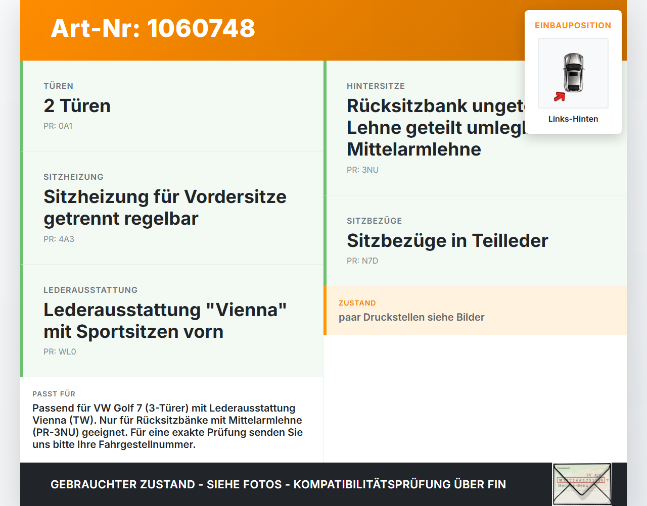 VW Golf 7 VII 5G 12-17 3T Sitzbezug Rückenpolster Links für Rücksitzbank Hinten VW Golf 7 VII 5G 12-17 22.11.2013... Vorschau 3