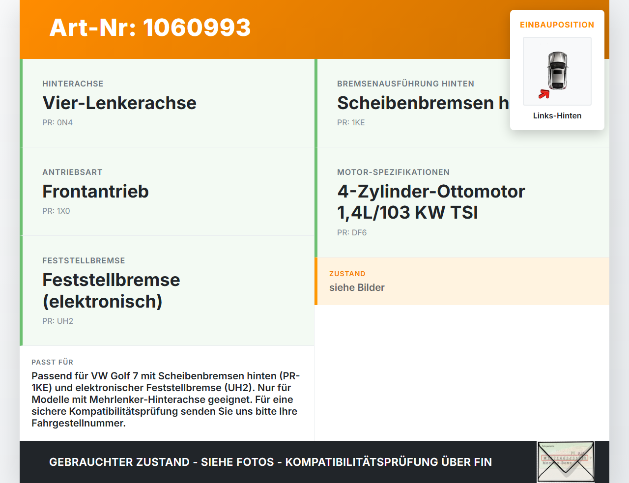 VW Golf 7 VII 5G 12-17 TSI 1,4 103KW Bremssattel Bremszange Hinten Links VW Golf 7 VII 5G 12-17 22.11.2013... Vorschau 3