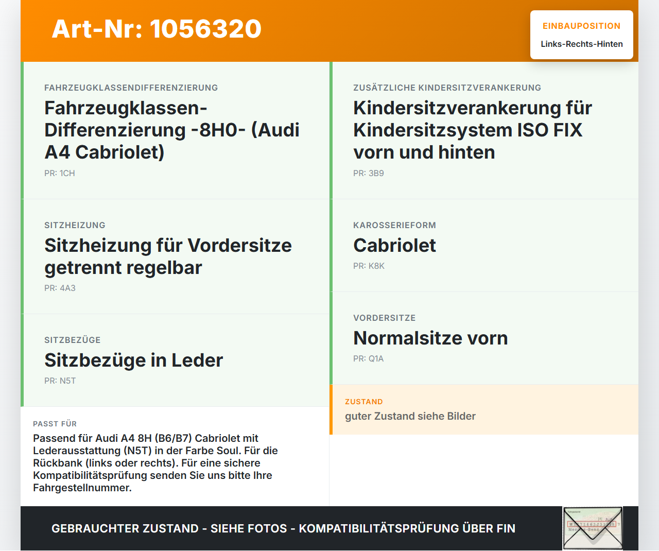 Audi A4 B6 8H 02-05 Kopfstütze Rechts oder Links Hinten Leder Audi A4 B6 8H 02-05 17.05.2005 8H0885905A gebraucht Vorschau 3