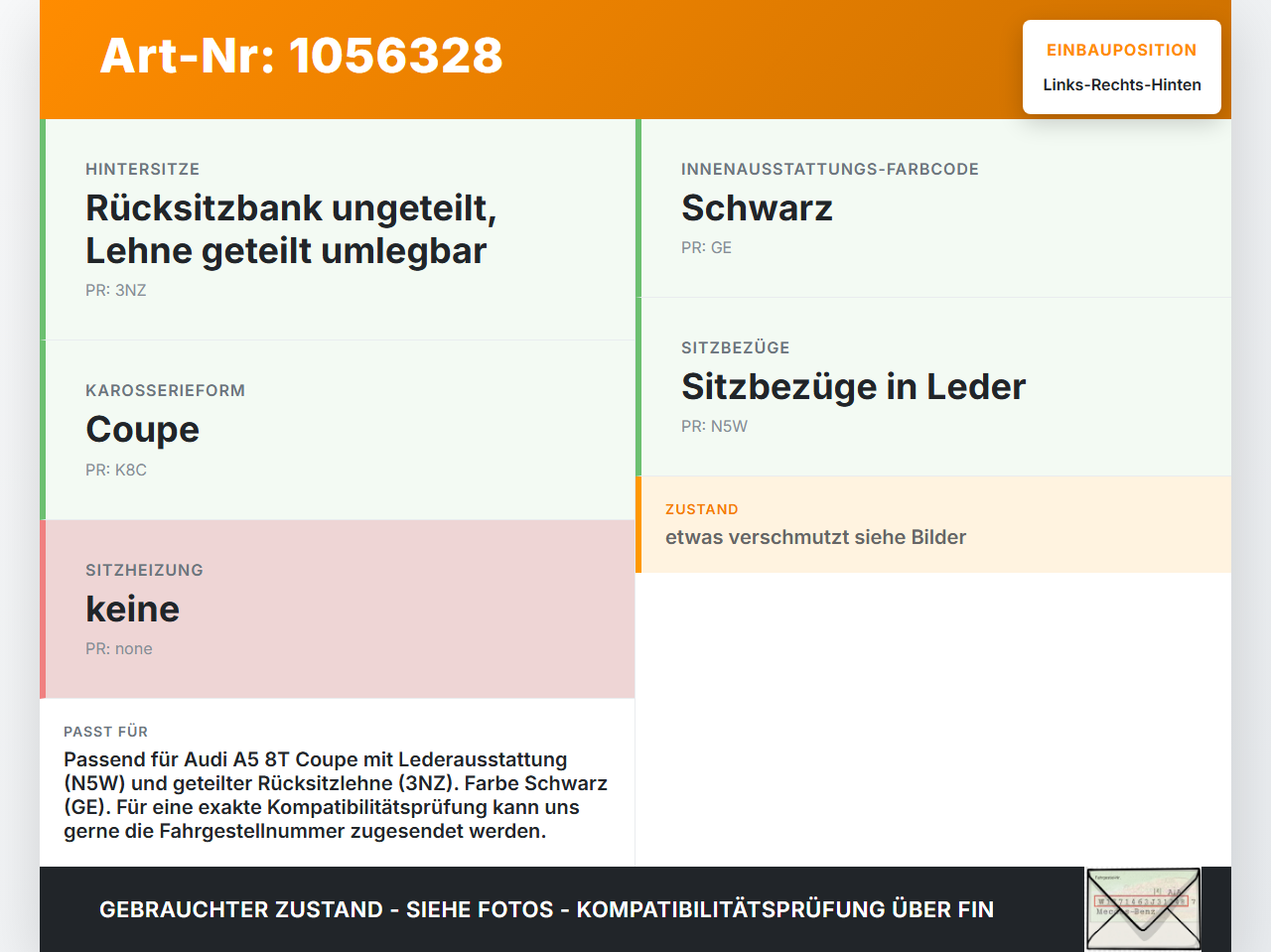 Audi A5 8T 07-12 Kopfstütze Rechts oder Links Hinten Audi A5 8T 07-12 04.12.2008 8T0885973F gebraucht Vorschau 3