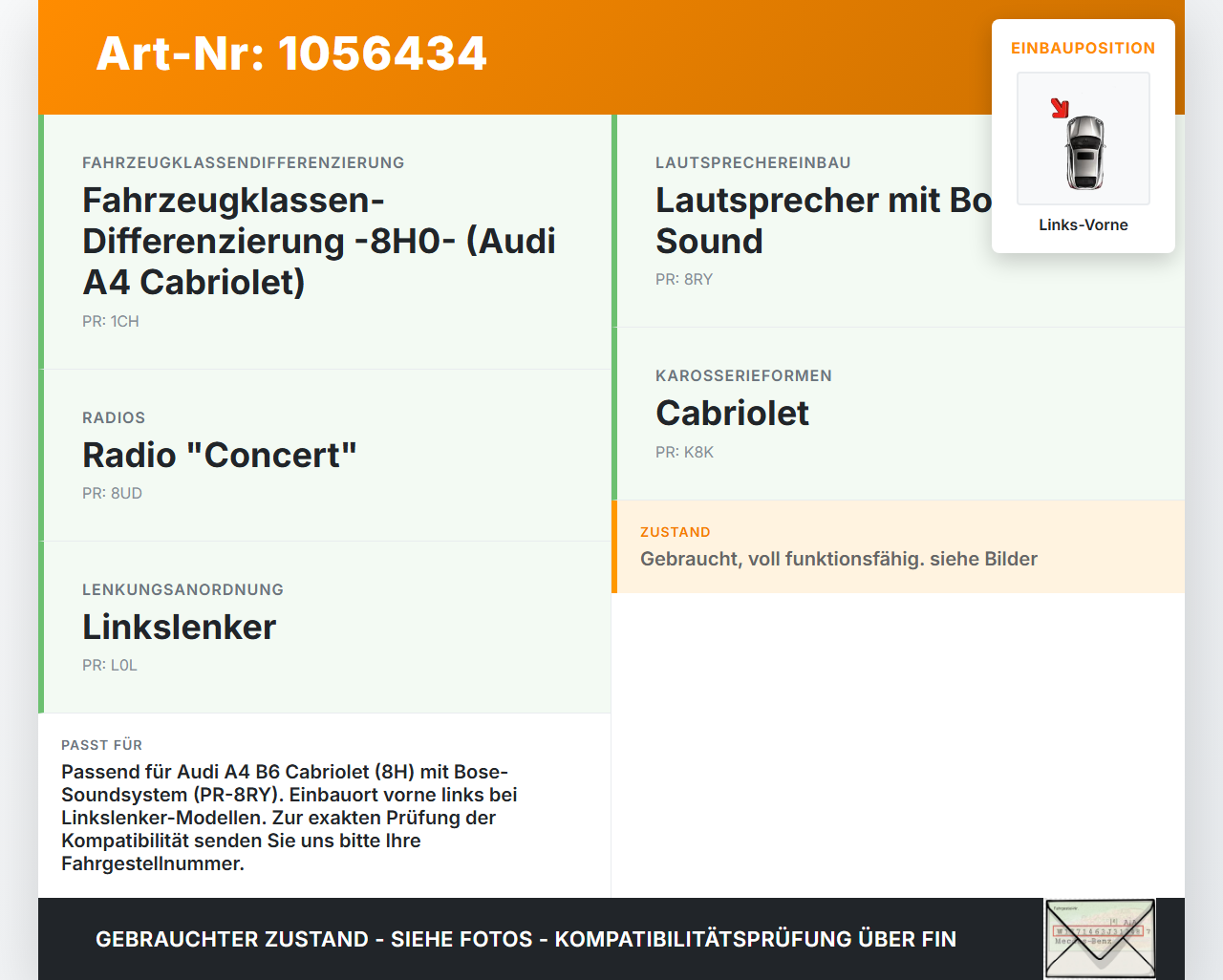 Audi A4 B6 8H 02-05 Lautsprecher Links Vorne Orig. Bose Audi A4 B6 8H 02-05 17.05.2005 8H0035412C 8H0035412D gebraucht Vorschau 3