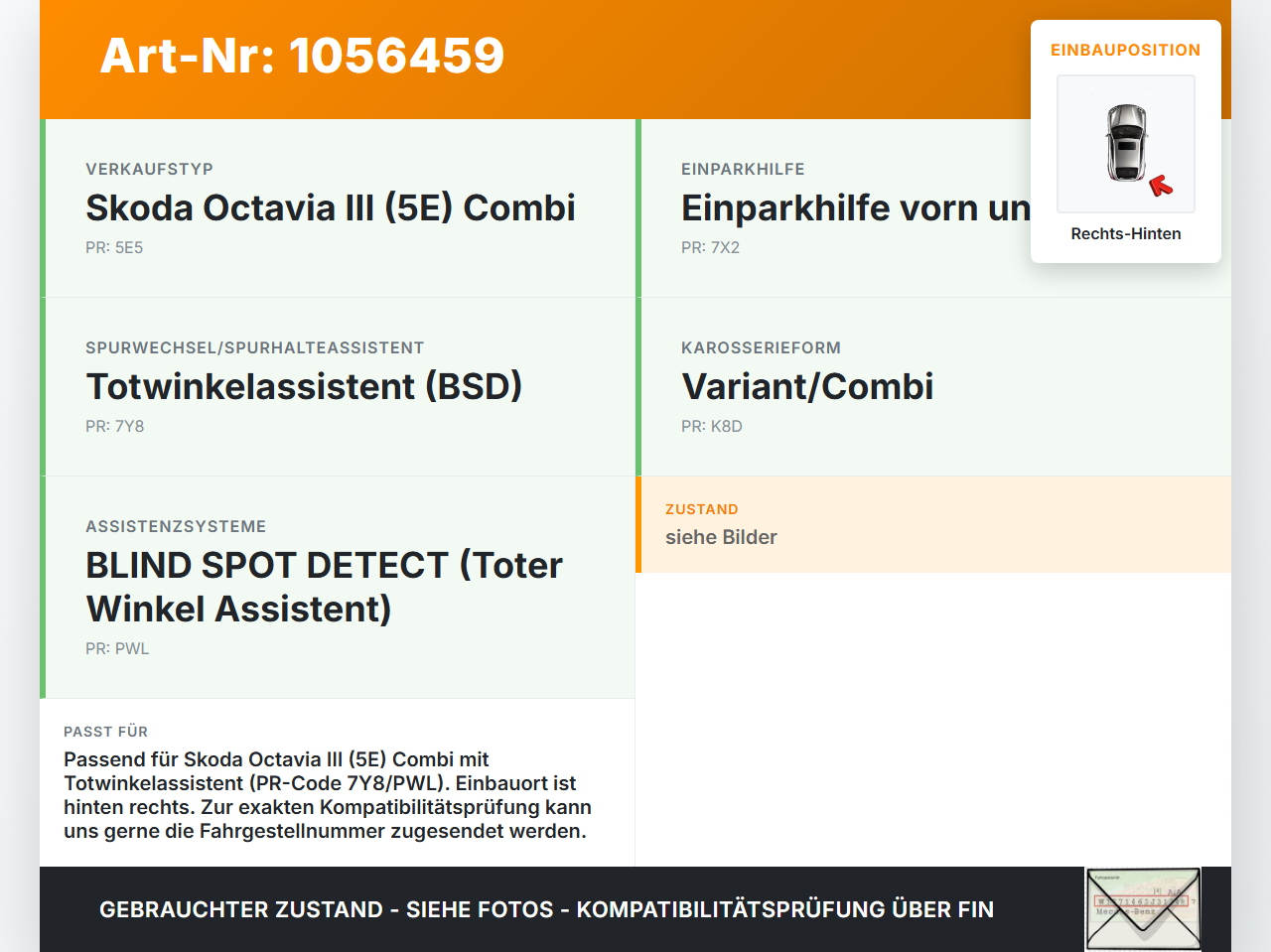 Skoda Octavia III 5E 17-20 Sensor Spurwechselassistent Rechts Hinten Skoda Octavia III 5E 17-20 17.06.2019... Vorschau 3