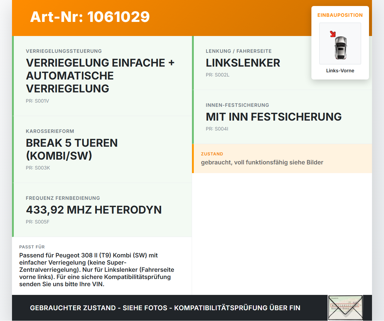 Peugeot 308 SW II 13-17 Kombi Türschloss mit ZV Stellmotor Links Vorne Peugeot 308 SW II 13-17 27.10.2015... Vorschau 3