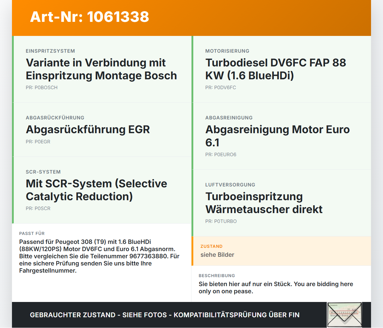 Peugeot 308 SW II 13-17 HDI 1,6 88KW Magnetventil 1 Peugeot 308 SW II 13-17 27.10.2015 9677363880 7.02300.02 gebraucht Vorschau 3