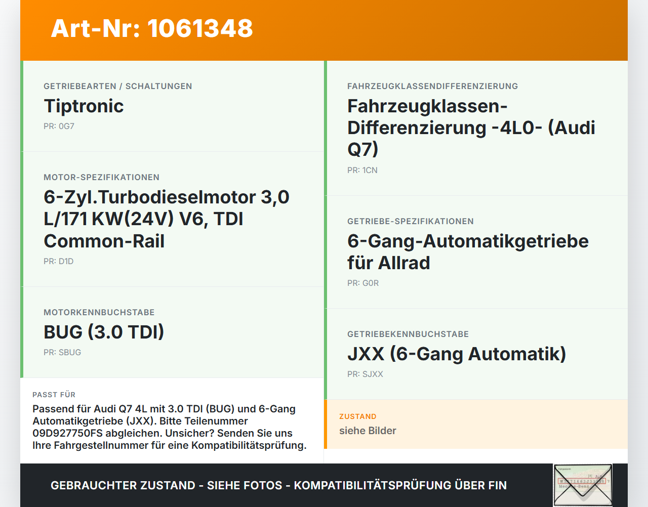 Audi Q7 4L 05-09 Steuergerät SG Getriebesteuergerät Audi Q7 4L 05-09 26.06.2007 09D927750FS MTJA030244 gebraucht Vorschau 3