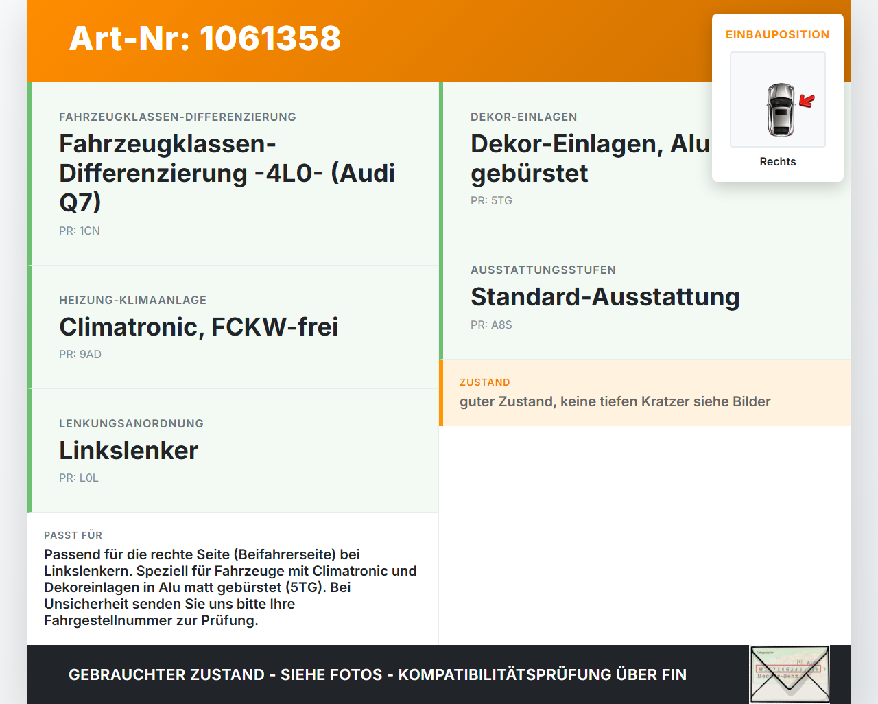 Audi Q7 4L 05-09 Luftdusche Luftdüse Chrom Rechts Audi Q7 4L 05-09 26.06.2007 4L0820902S 4L0820902 gebraucht Vorschau 3