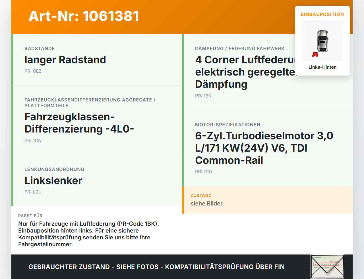 Audi Q7 4L 05-09 TDI 3,0 171KW Sensor Beschleunigungssensor Links Hinten Audi Q7 4L 05-09 26.06.2007 7L0907673E... Vorschau 3