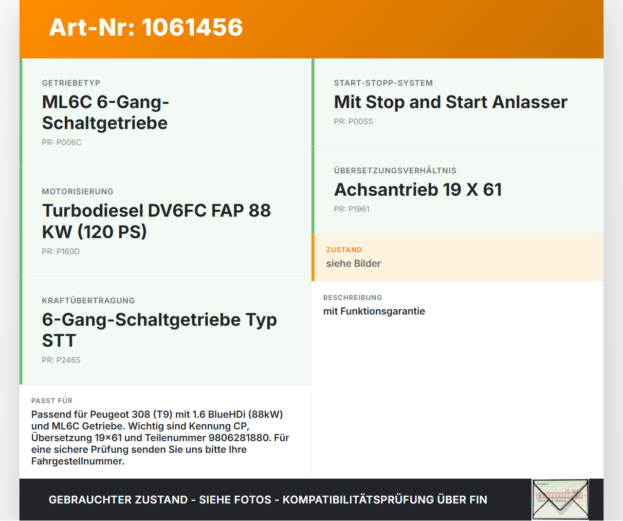 Peugeot 308 SW II 13-17 HDI 1,6 88KW Schaltgetriebe Getriebe Peugeot 308 SW II 13-17 27.10.2015 9806281880 gebraucht Vorschau 3
