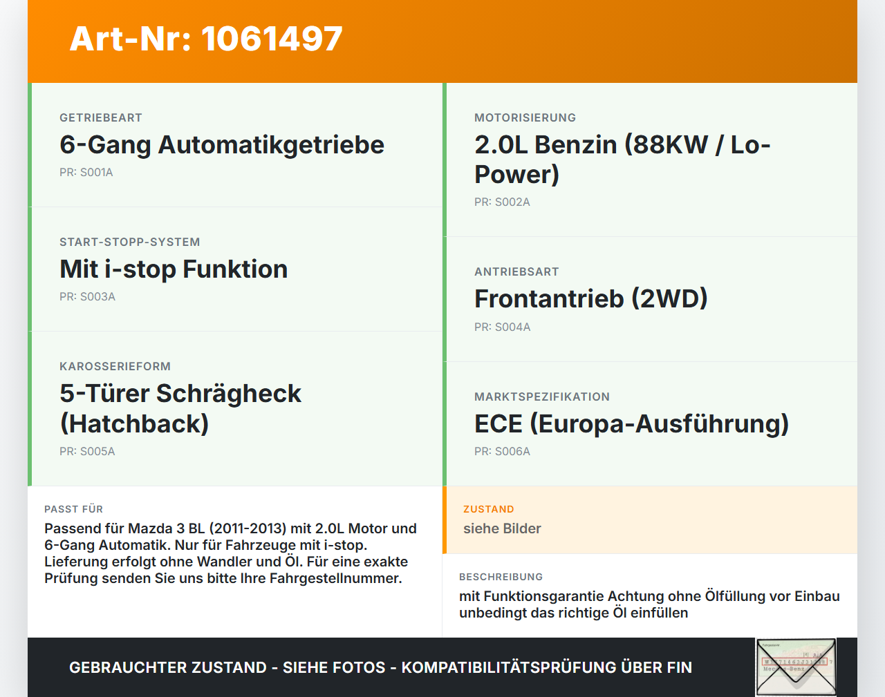 Mazda 3 BM 13-17 2,0 88KW FZ21-19-420J Automatikgetriebe Getriebe ohne Wandler Mazda 3 BM 13-17 19.11.2013... Vorschau 3