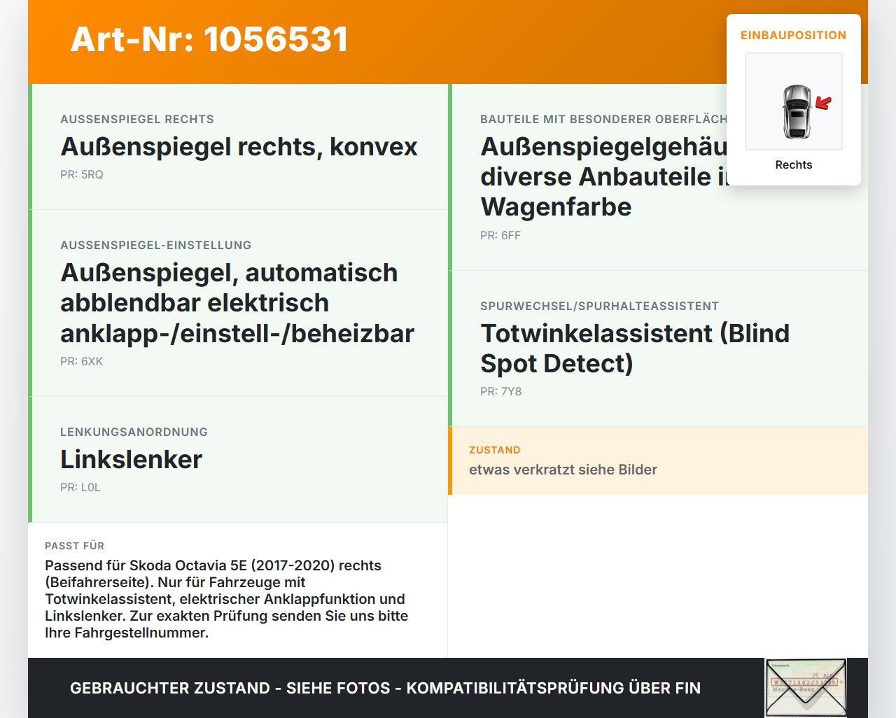 Skoda Octavia III 5E 17-20 Spiegel Aussenspiegel Rechts Elektrochrom Totwinkelassistent LF9R Skoda Octavia III 5E... Vorschau 3